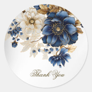 Sticker Rond Mariage Marine Bleu Blanc Or Floral Argent