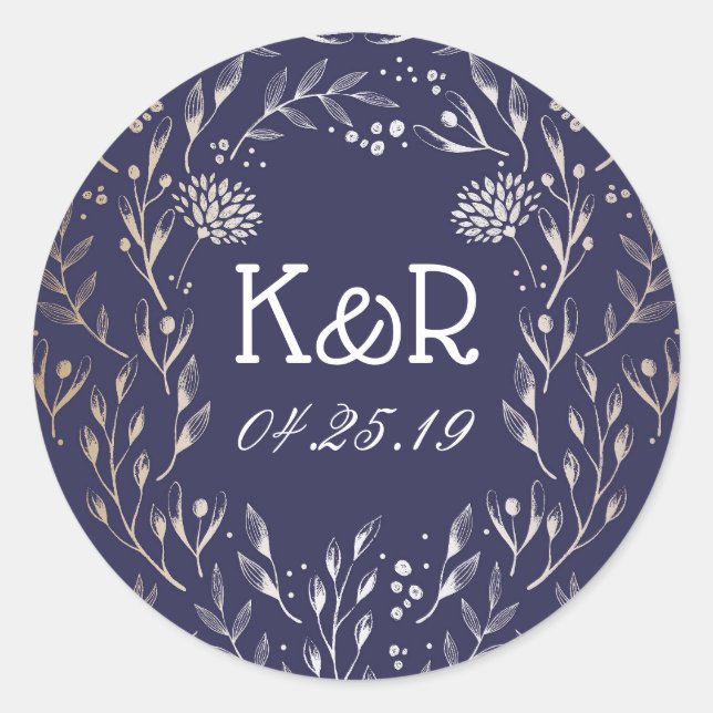 Sticker Rond Mariage Marine Blue et Gold Floral Garden (Devant)