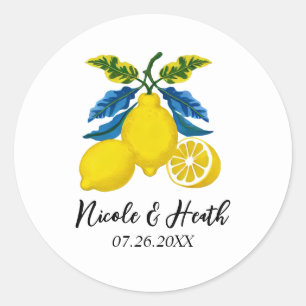 Sticker Rond Mariage méditerranéen à l'aquarelle jaune bleu cit