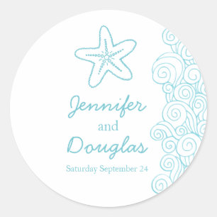 Sticker Rond Mariage mer étoile de plage vagues aqua autocollan