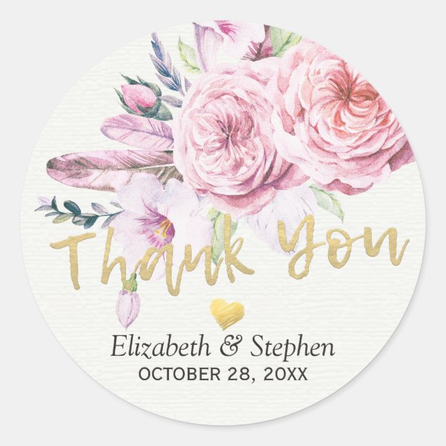Sticker Rond Mariage Merci Aquarelle Boho Plumes florales (Devant)