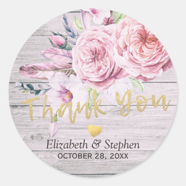 Sticker Rond Mariage Merci Aquarelle Floral Bois rustique (Devant)