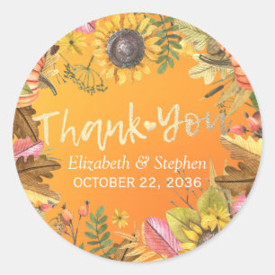 Sticker Rond Mariage Merci Automne Feuilles tournesols Citrouil