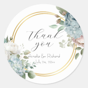 Sticker Rond Mariage "Merci" avec des Fleurs d'Hydrangea Bleu P