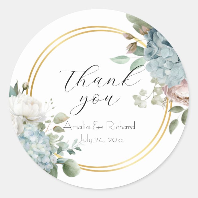 Sticker Rond Mariage "Merci" avec des Fleurs d'Hydrangea Bleu P (Devant)