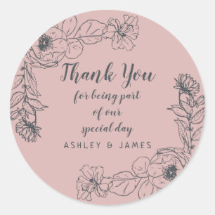 Sticker Rond Mariage Merci Blanc Floral Outline Argent rose