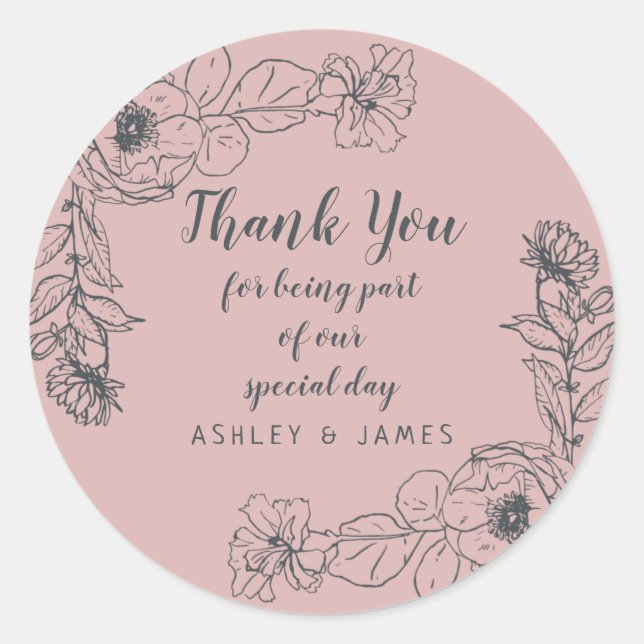 Sticker Rond Mariage Merci Blanc Floral Outline Argent rose (Devant)