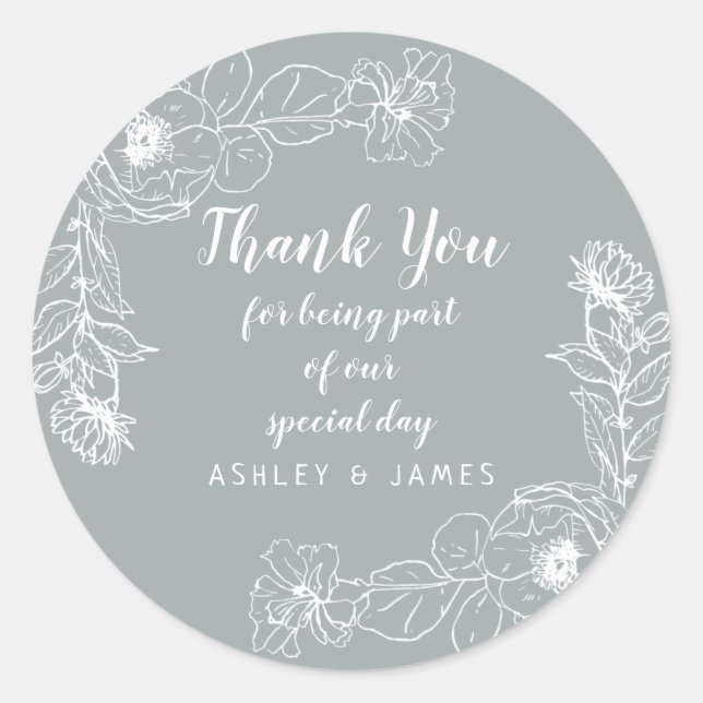 Sticker Rond Mariage Merci blanc Floral Outline Gris (Devant)