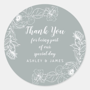 Sticker Rond Mariage Merci blanc Floral Outline Gris