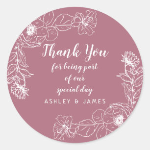 Sticker Rond Mariage Merci Blanc Floral Plan Cassis
