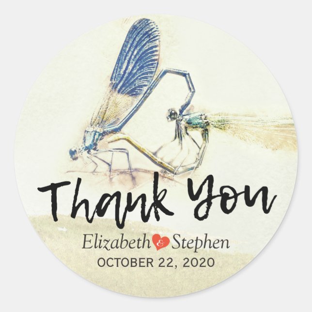 Sticker Rond Mariage Merci Chic Dragonfly Mating Love Heart (Devant)