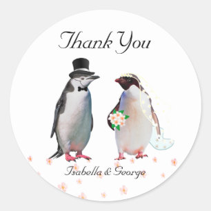 Sticker Rond Mariage Merci et couple de pingouins
