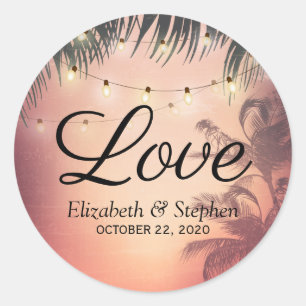 Sticker Rond Mariage Merci Été Palmiers Arbres à cordes Lumière