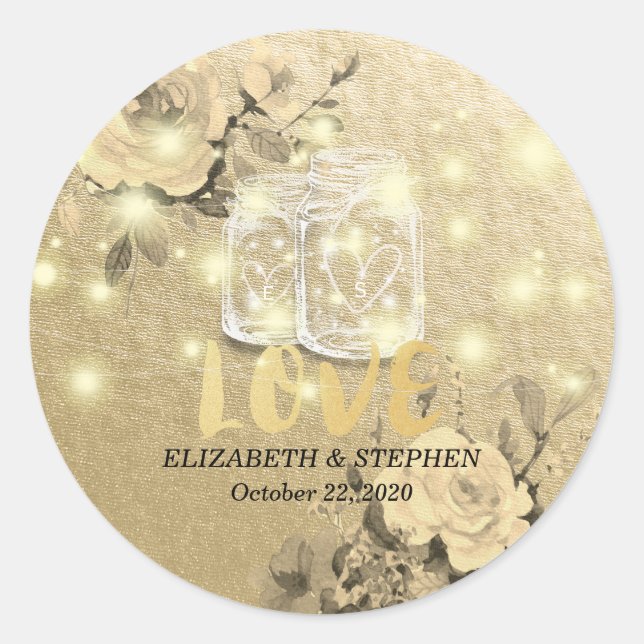 Sticker Rond Mariage Merci Floral Mason Jar Lumières à cordes (Devant)