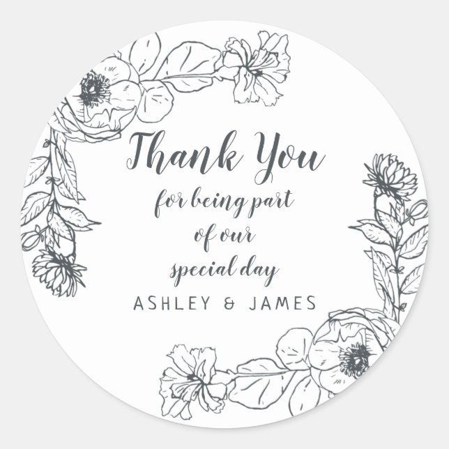 Sticker Rond Mariage Merci Floral Outline Noir Blanc (Devant)