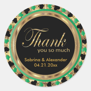 Sticker Rond Mariage Merci Poker Chip en Vert & Or