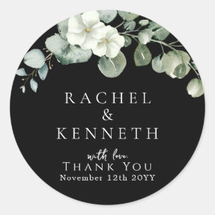 Sticker Rond Mariage minimaliste chic Eucalyptus noir et blanc