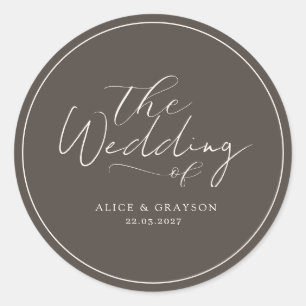 Sticker Rond Mariage Minimaliste Classique Script Brun Espresso