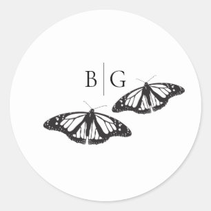 Sticker Rond Mariage minimaliste de papillon noir blanc