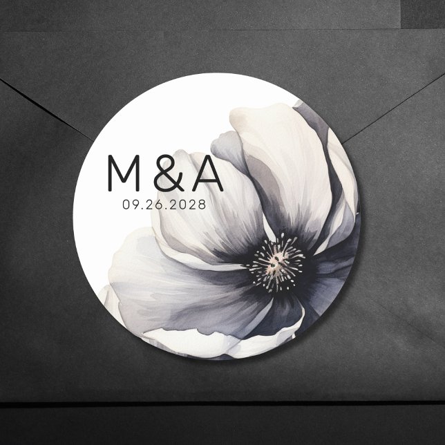 Sticker Rond Mariage Minimaliste Moderne Fleur Noir Blanc (Modern Minimalist Boho Floral Black White Wedding Classic Round Sticker)