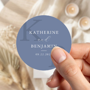 Sticker Rond Mariage Minimaliste Monogramme Bleu Moderne