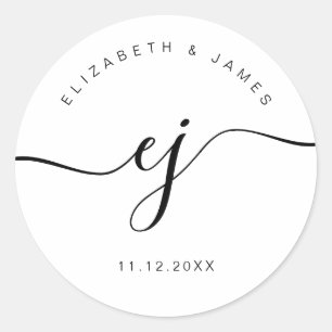 Sticker Rond Mariage Minimaliste Monogramme Écriture Élégante