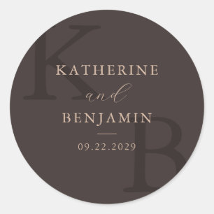 Sticker Rond Mariage Minimaliste Monogramme Marron Moderne