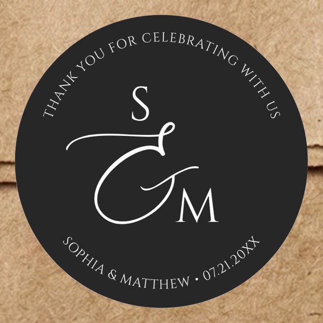 Sticker Rond Mariage minimaliste monogramme noir (Créateur téléchargé)