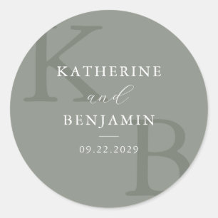 Sticker Rond Mariage minimaliste Monogramme Vert Sauge Moderne