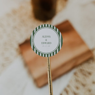 Sticker Rond Mariage Minimaliste Rayé Vert Noms des Mariés