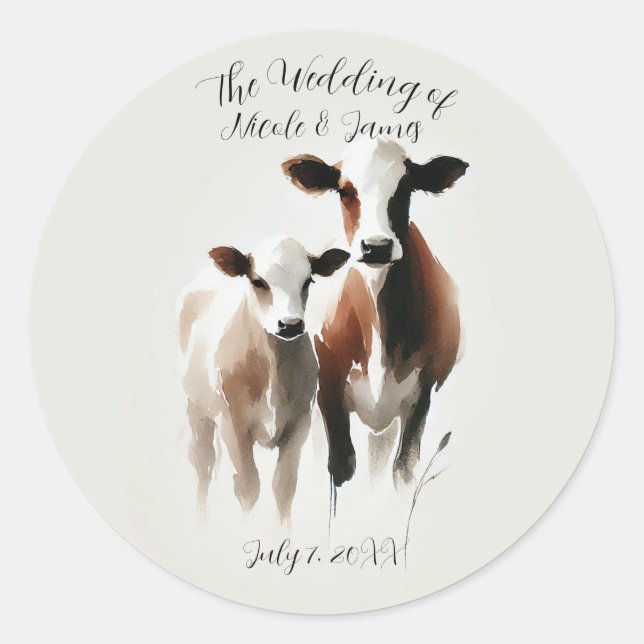 Sticker Rond Mariage Minimaliste Rustique à l'Aquarelle de Vach (Devant)