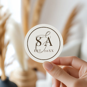 Sticker Rond Mariage Mocha Brun Ivoire Monogramme Vieille Fortu