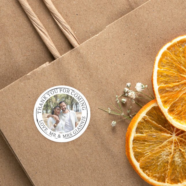 Sticker Rond Mariage Modèle photo de Merci blanc (Créateur téléchargé)
