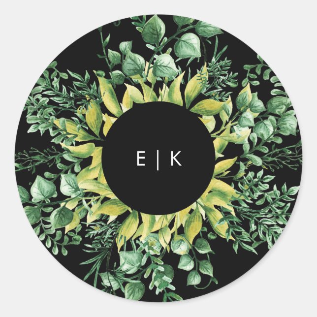 Sticker Rond Mariage moderne à feuilles fraîches vertes (Devant)