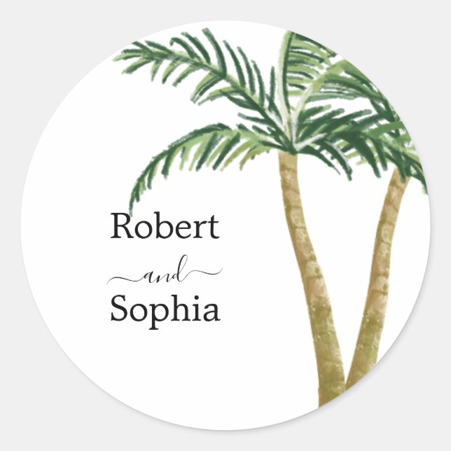 Sticker Rond Mariage Moderne à l'Aquarelle avec Palmier (Devant)