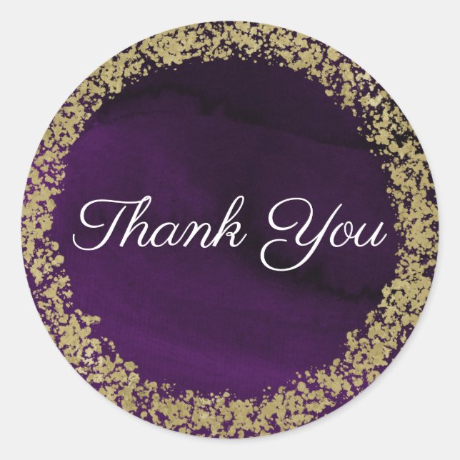 Sticker Rond Mariage Moderne Aquarelle Violet Royal et Or (Devant)