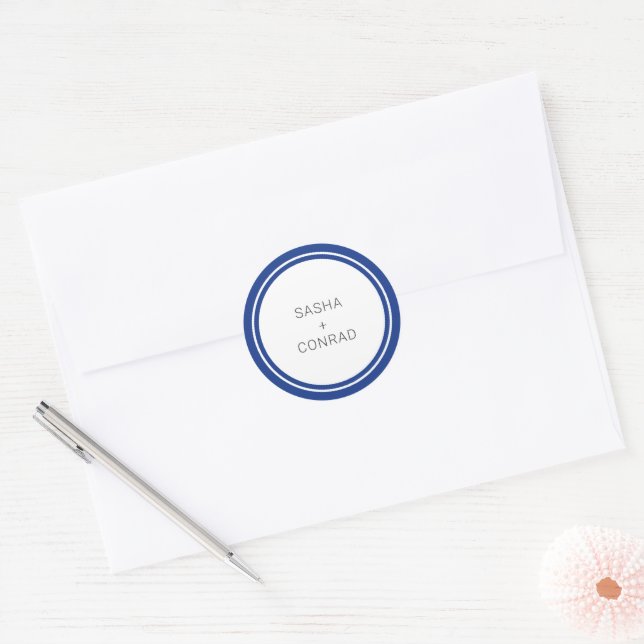 Sticker Rond Mariage Moderne avec Bordure Gras Bleu Saphir (Enveloppe)
