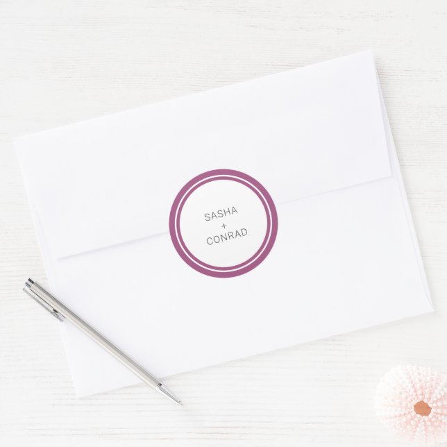 Sticker Rond Mariage Moderne avec Bordure Gras Violet (Enveloppe)
