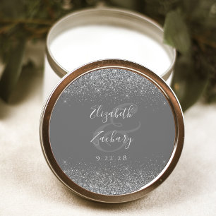 Sticker Rond Mariage Moderne avec Bordure Pailletée Gris Argent
