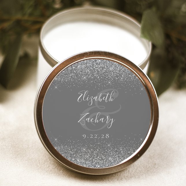 Sticker Rond Mariage Moderne avec Bordure Pailletée Gris Argent (Créateur téléchargé)