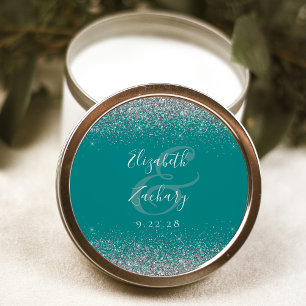 Sticker Rond Mariage Moderne Bleu Turquoise Paillettes Argentée