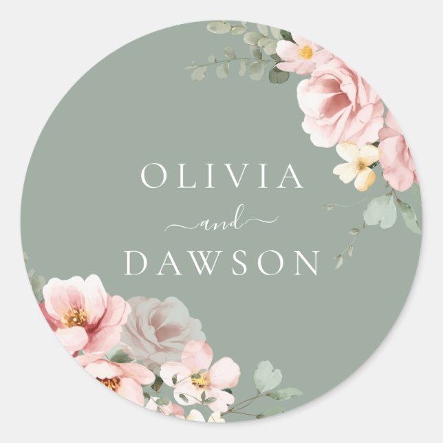 Sticker Rond Mariage moderne Blush & Sage Green (Devant)