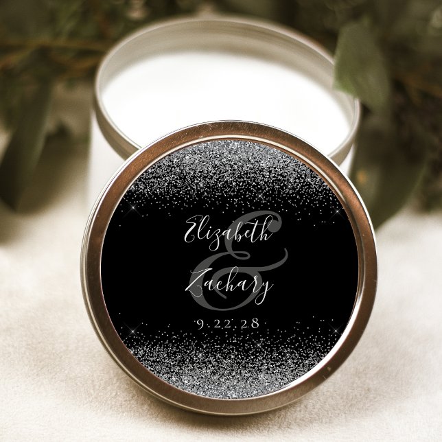 Sticker Rond Mariage Moderne Bordure Pailletée Noir Argent (Créateur téléchargé)