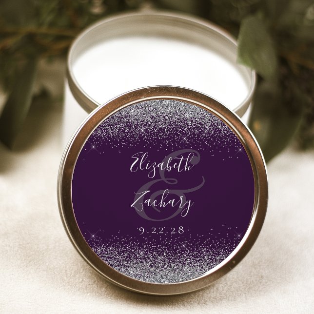 Sticker Rond Mariage Moderne Bordure Pailletée Violet Foncé Arg (Créateur téléchargé)