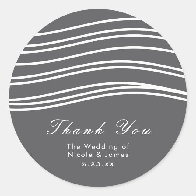Sticker Rond Mariage Moderne Chic Gris et Blanc Ondulé (Devant)