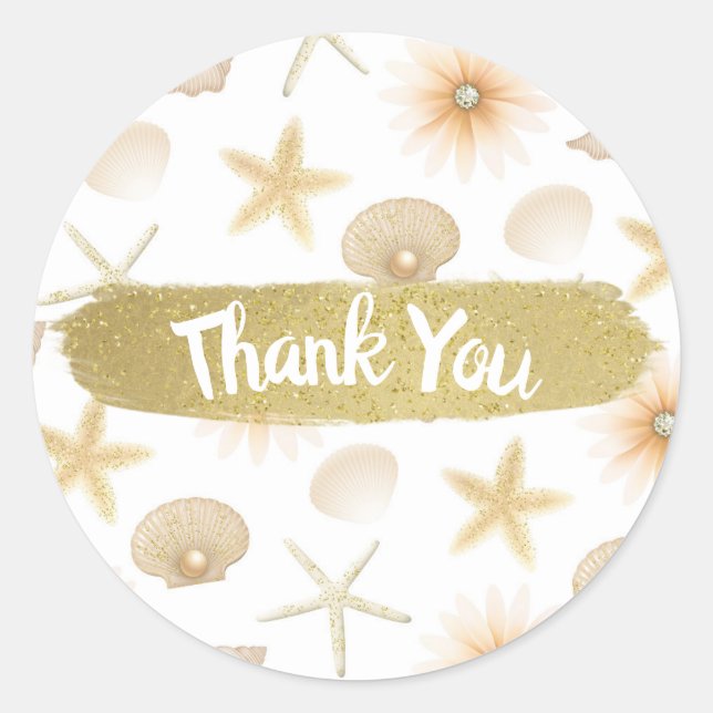 Sticker Rond Mariage Moderne Coquillages & Fleurs de Peach Beac (Devant)