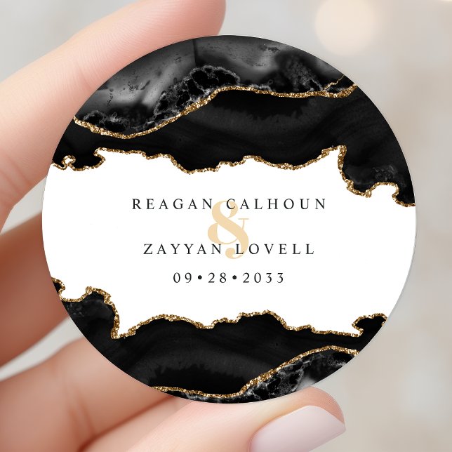 Sticker Rond Mariage Moderne en Marbre Agate Noir et Or (Créateur téléchargé)