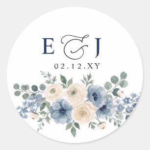 Sticker Rond Mariage Moderne Floral Bleu Poussiéreux et Ivoire