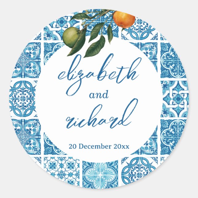 Sticker Rond Mariage moderne méditerranéen citron bleu carreaux (Devant)
