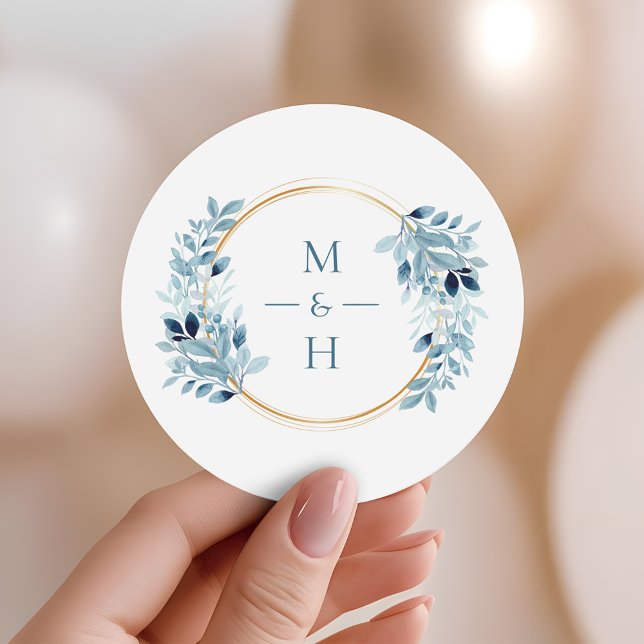 Sticker Rond Mariage Moderne Monogramme avec Verdure Bleu Pouss (Créateur téléchargé)